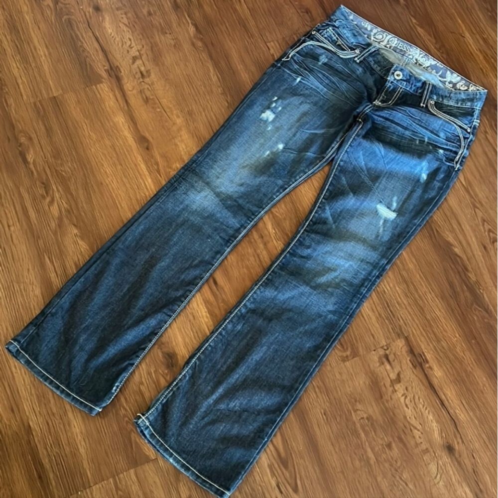 Vintage Guess Jeans Women's Bootcut Jeans Size 27 Dark Wash Distressed Stretch